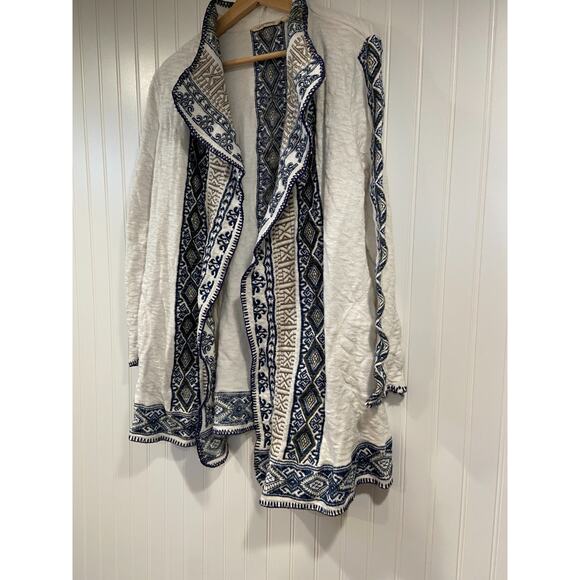 Soft Surroundings Cardigan Size L Women's Fair isle Sweater White Blue/Brown Emb - Picture 2 of 7
